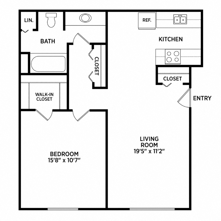 Floor plan for 1 bed, 1 bath, 720 sqft